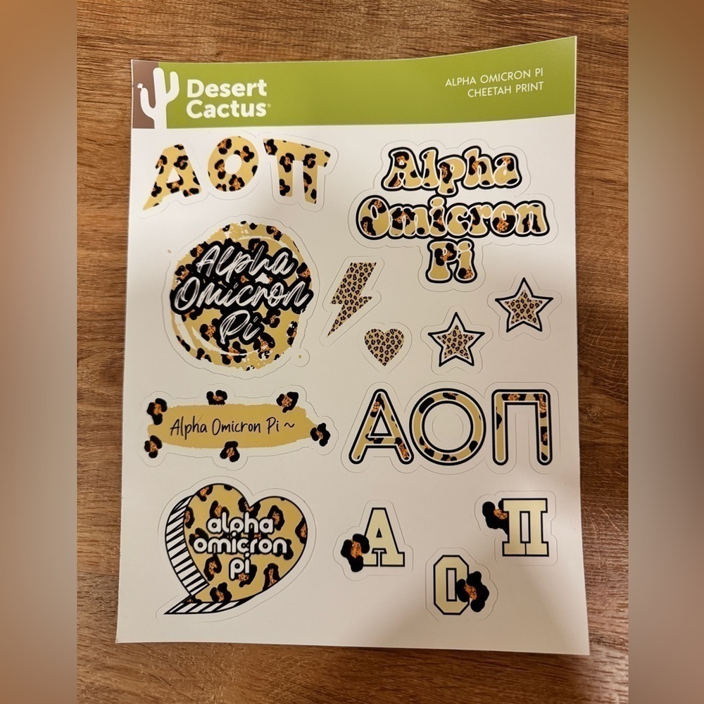 Alpha Omicron Pi cheetah print sticker sheet​​​​​​​​​​​